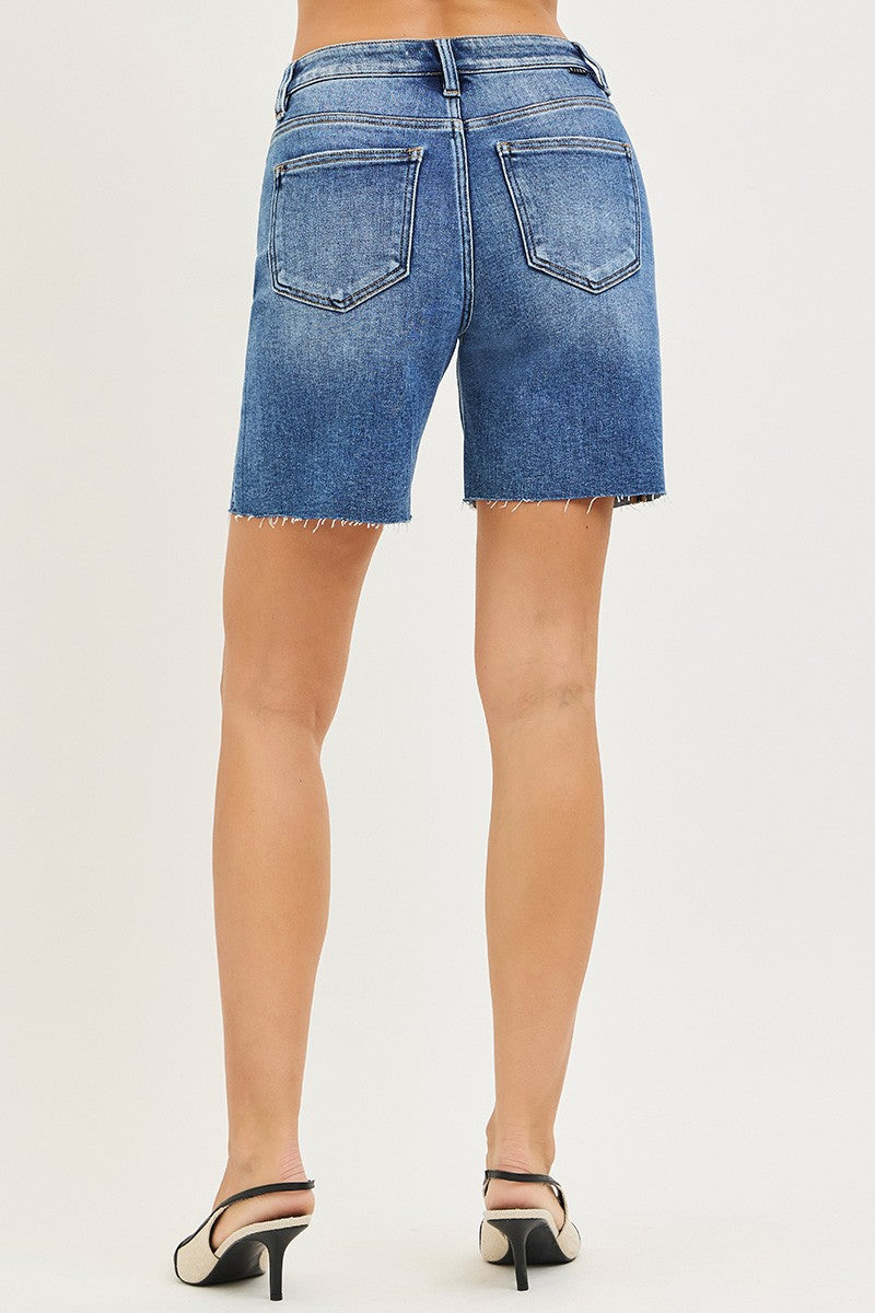 High-rise raw hem denim shorts with tummy control
