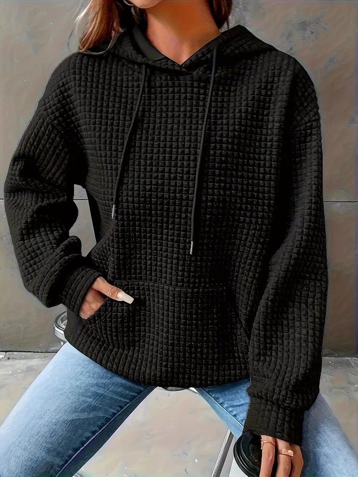 Black Textured waffle knit drawstring hoodie with kangaroo pocket