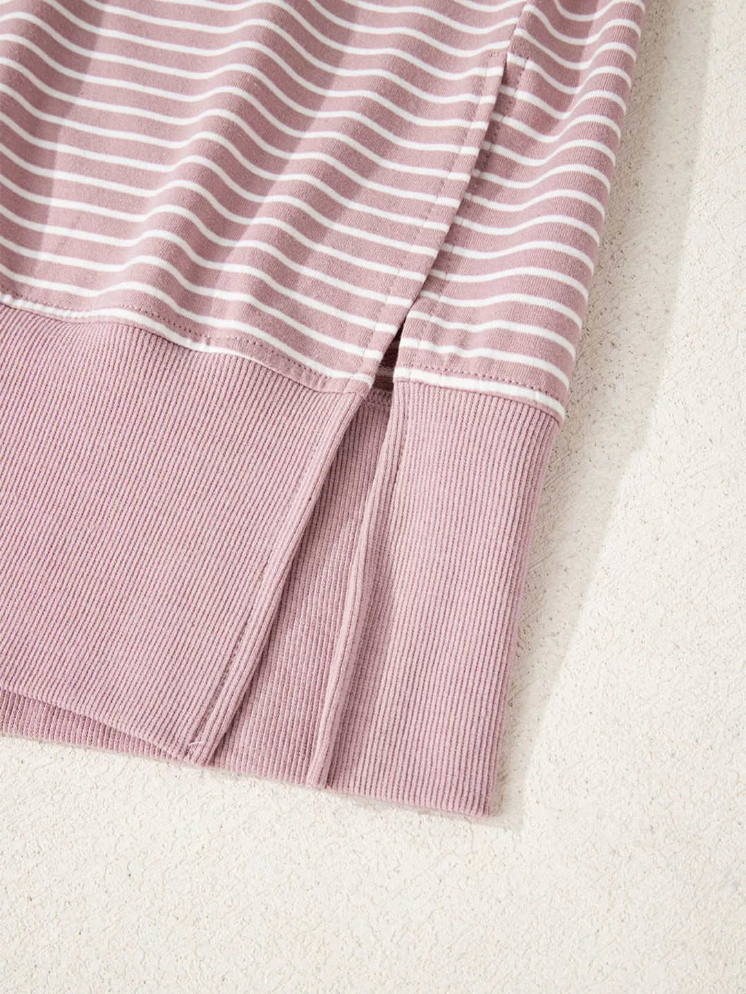 Striped drop-shoulder hoodie with thumbhole cuffs and side slits