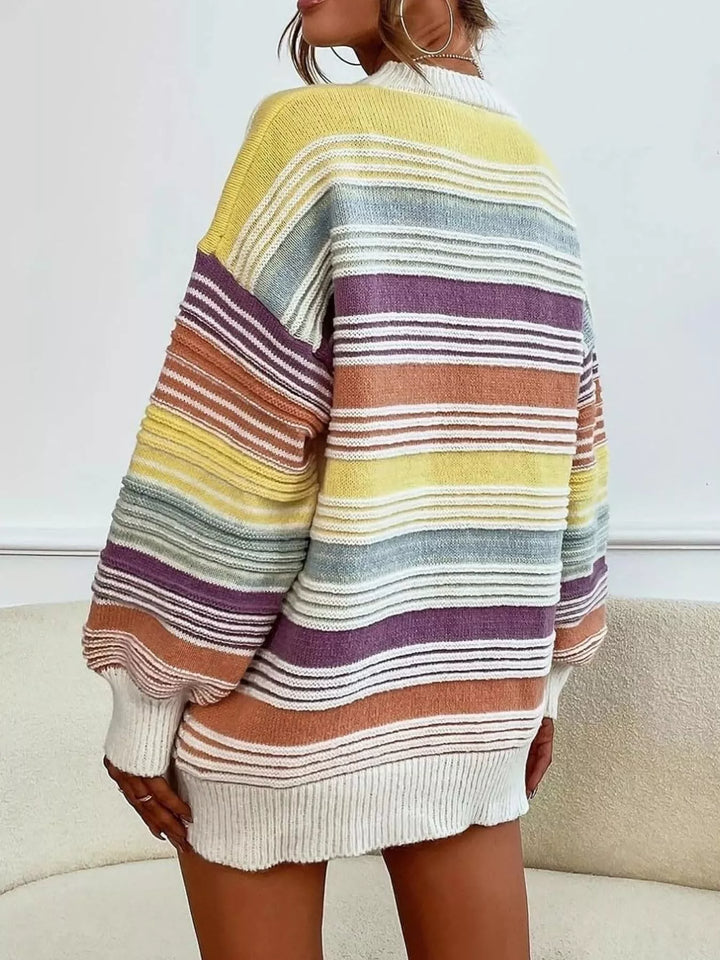 Striped mock neck relaxed knit pullover sweater