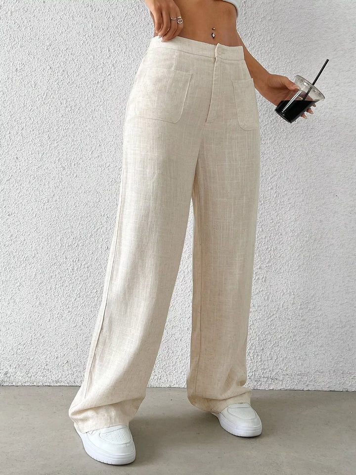 High-rise wide-leg linen blend pants with patch pockets