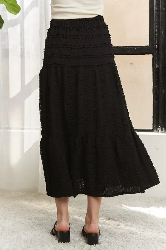 Tiered midi skirt with shirred elastic waistband