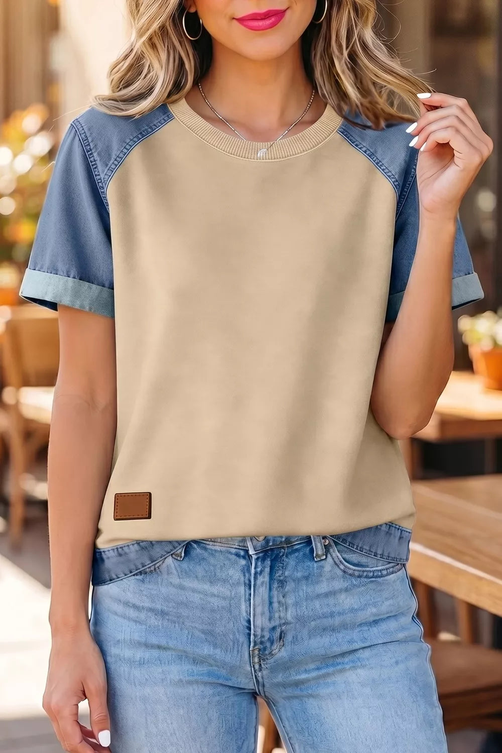 Color block denim raglan sleeve crew neck tee