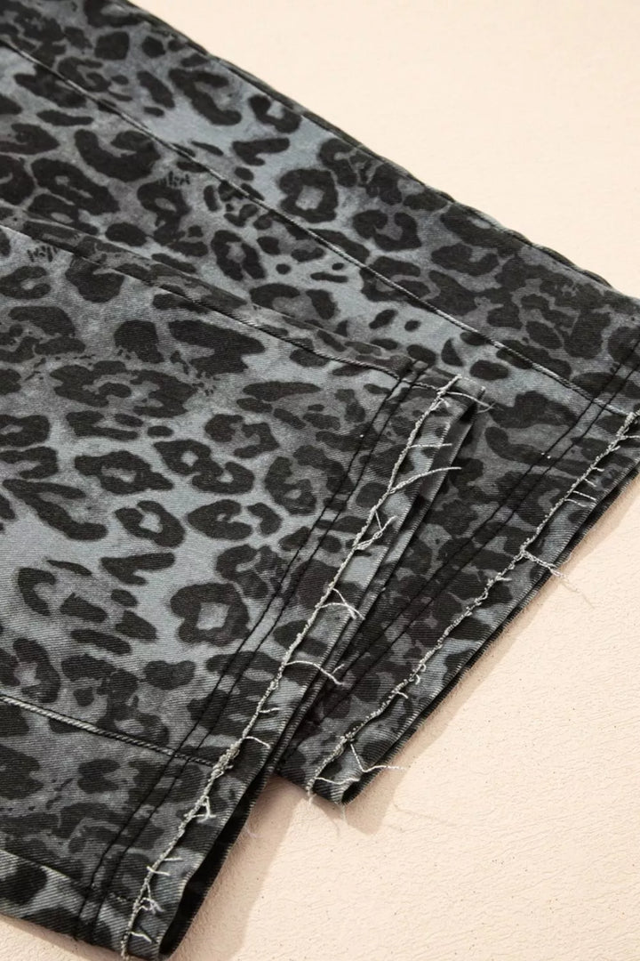 Leopard print cropped wide-leg denim overalls with raw hem