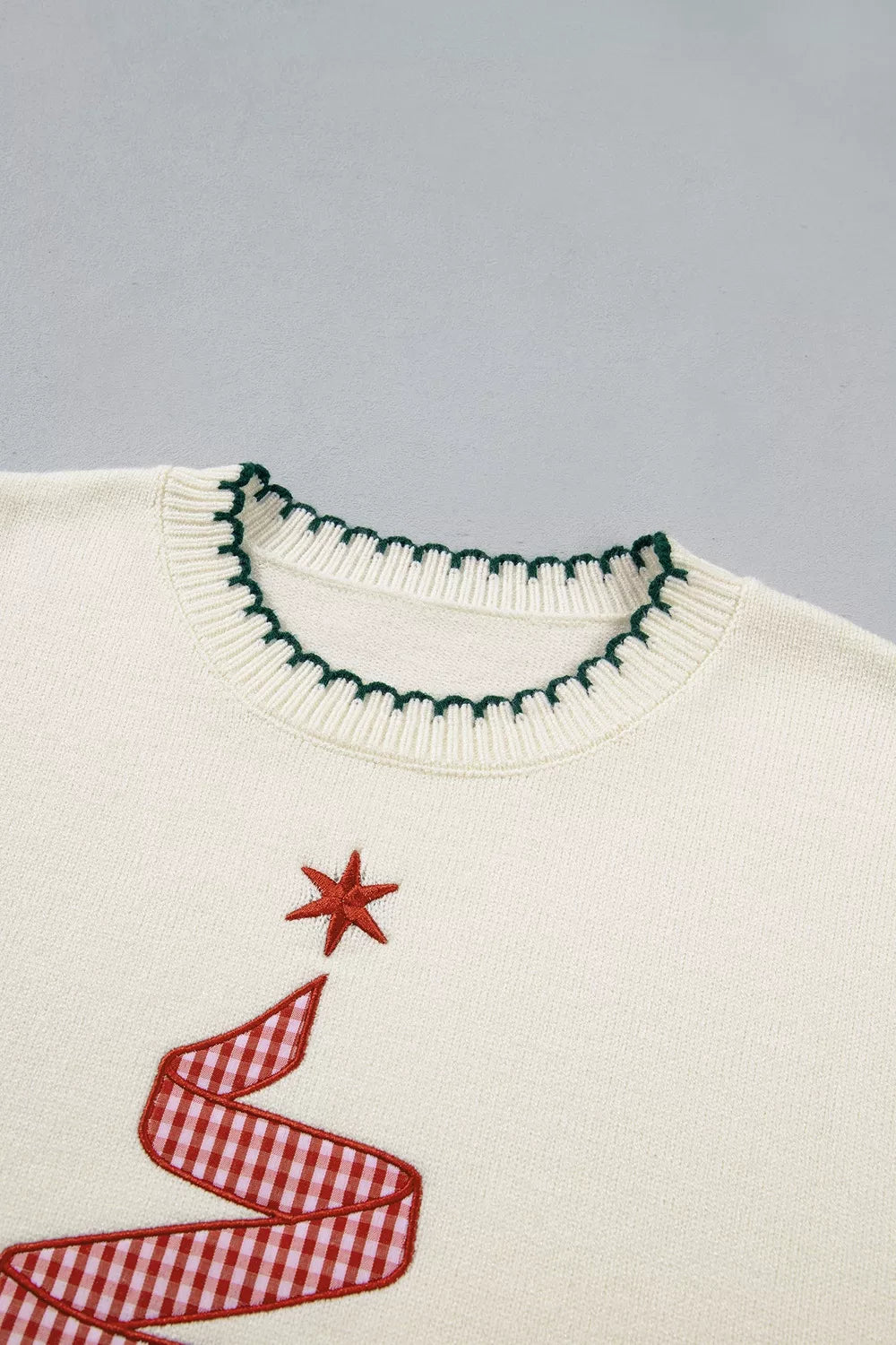 Gingham ribbon tree applique blanket stitch knit sweater