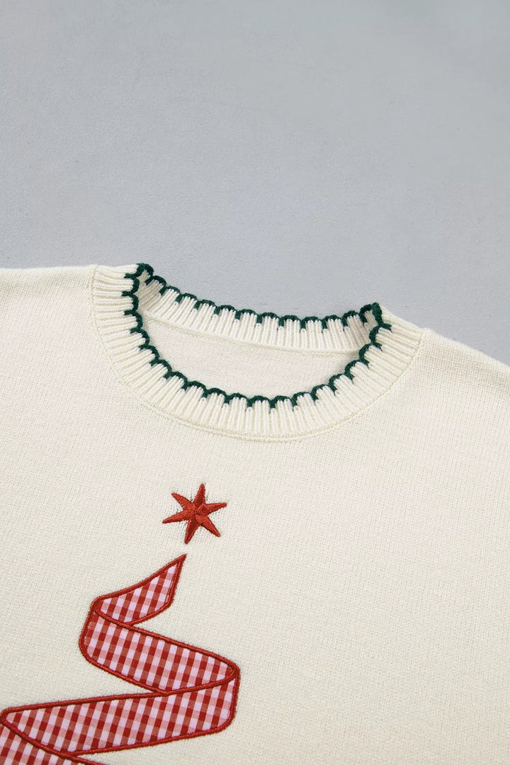 Gingham ribbon tree applique blanket stitch knit sweater