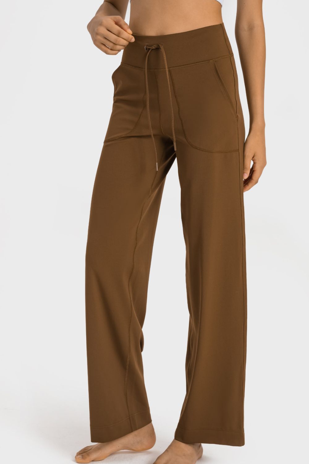 High-waist drawstring wide leg pants with patch pockets