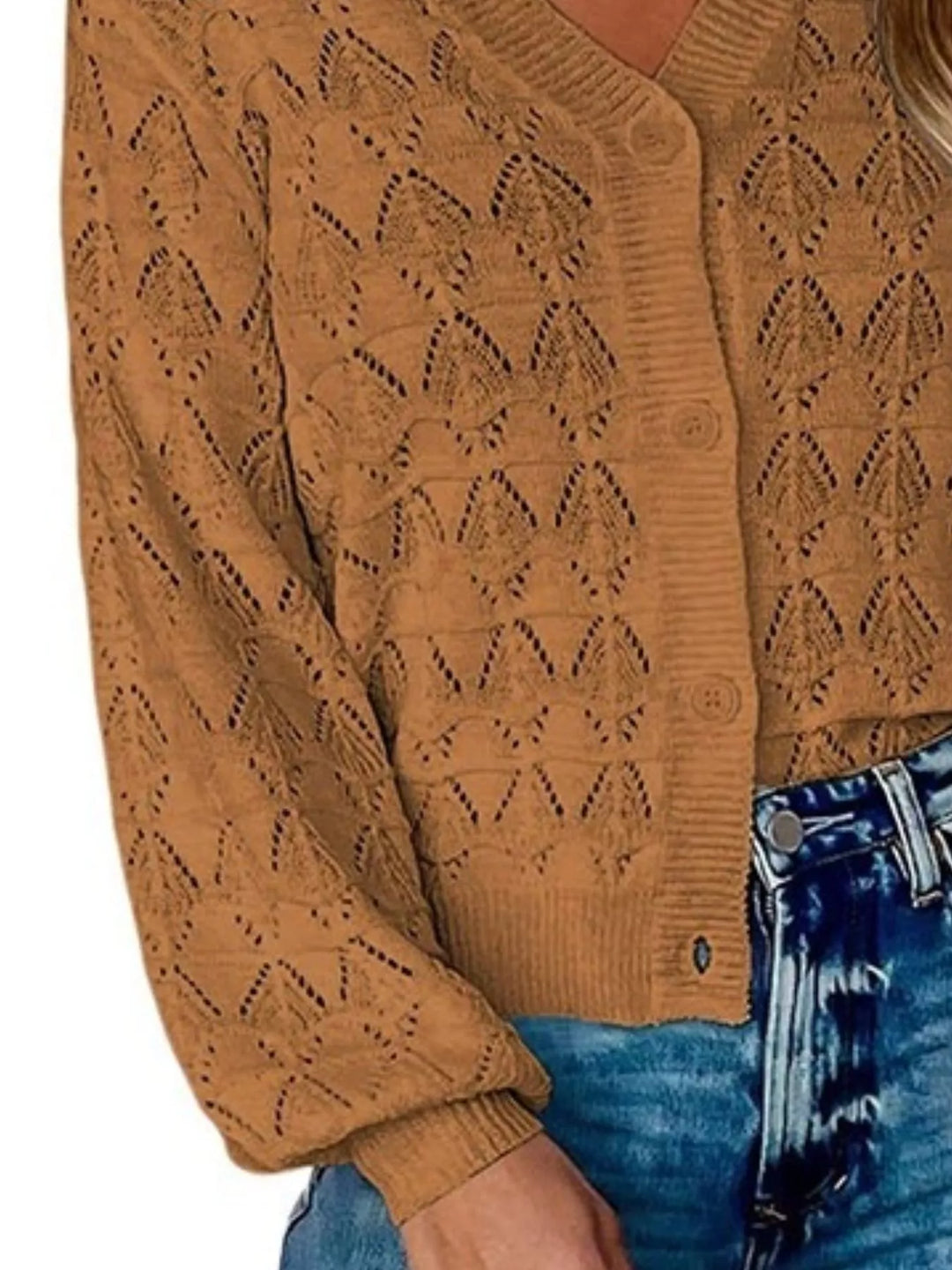 Pointelle openwork V-neck button-down knit cardigan