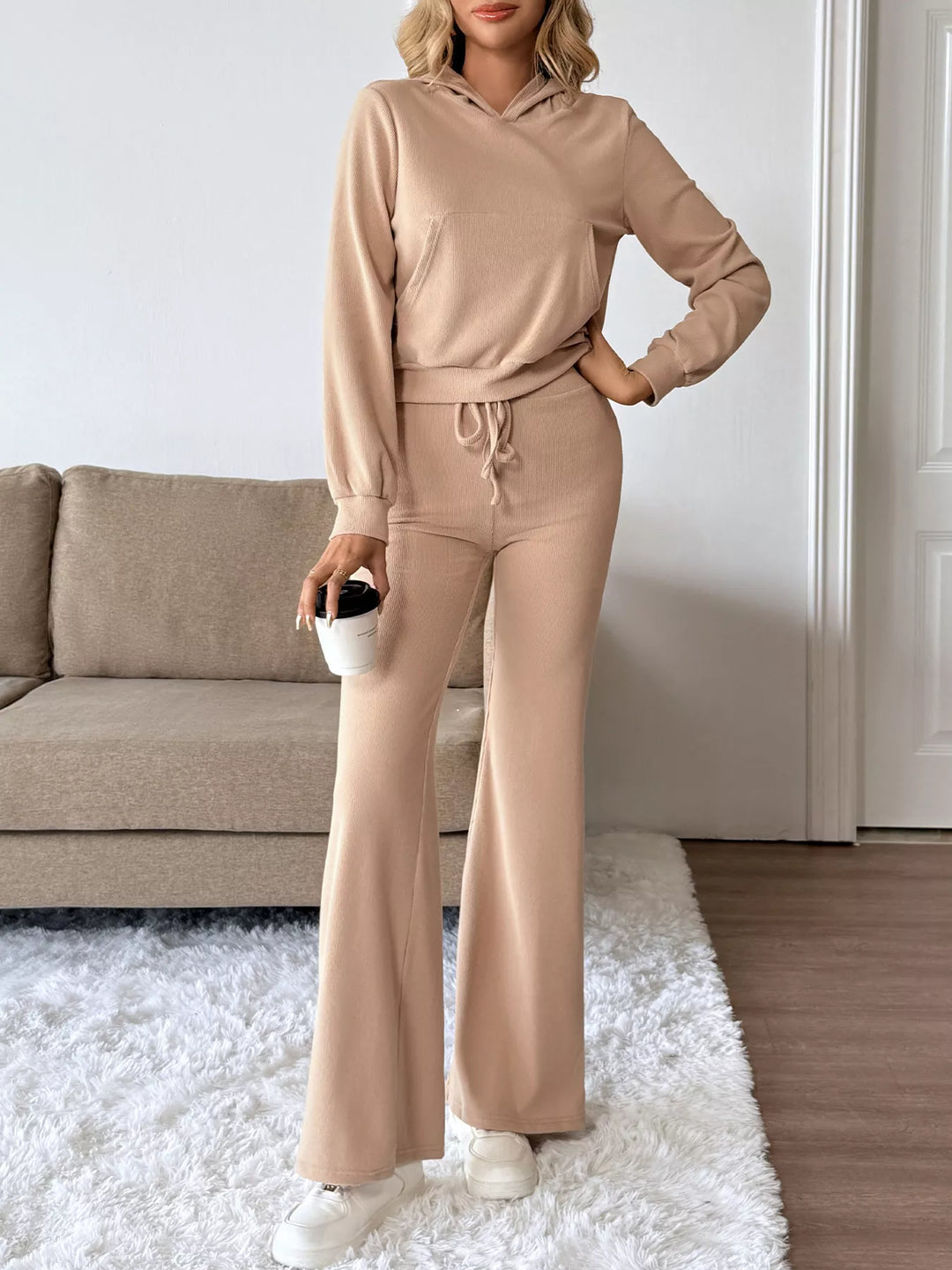 Khaki Ribbed knit hoodie and wide-leg pants two-piece set