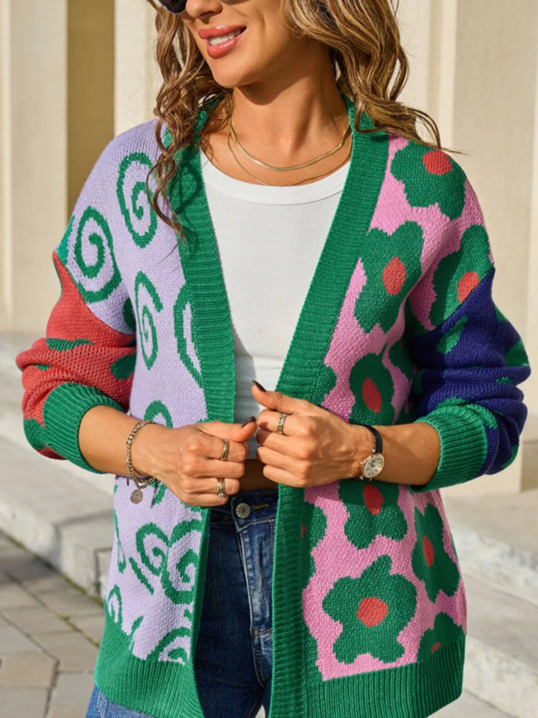 Floral colorblock open-front knit cardigan