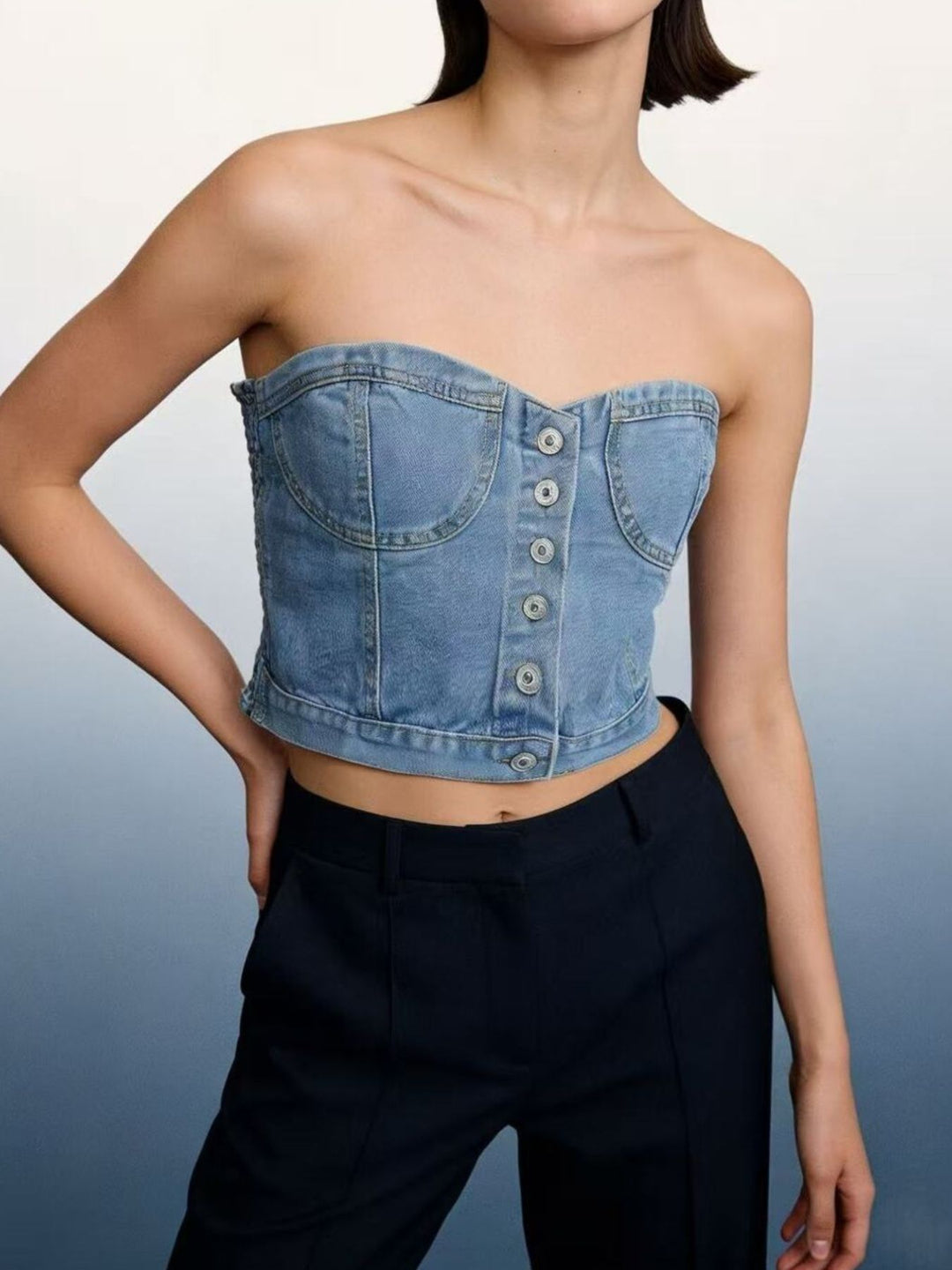 Button-front denim tube top with smocked sides