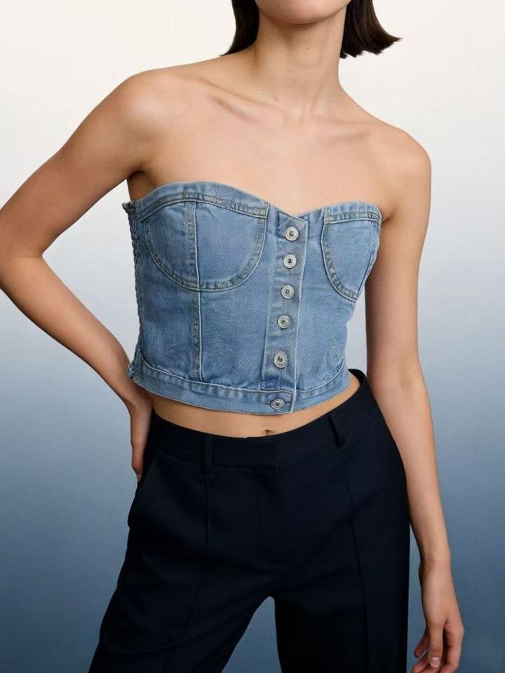 Button-front denim tube top with smocked sides