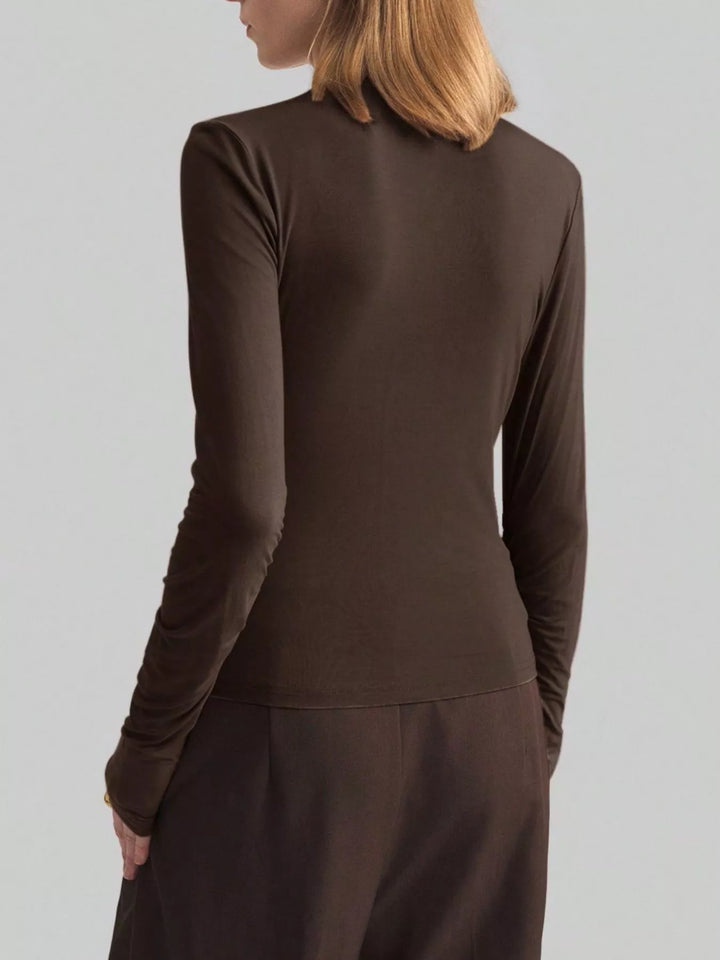 Ruched drape-front high-neck long sleeve top