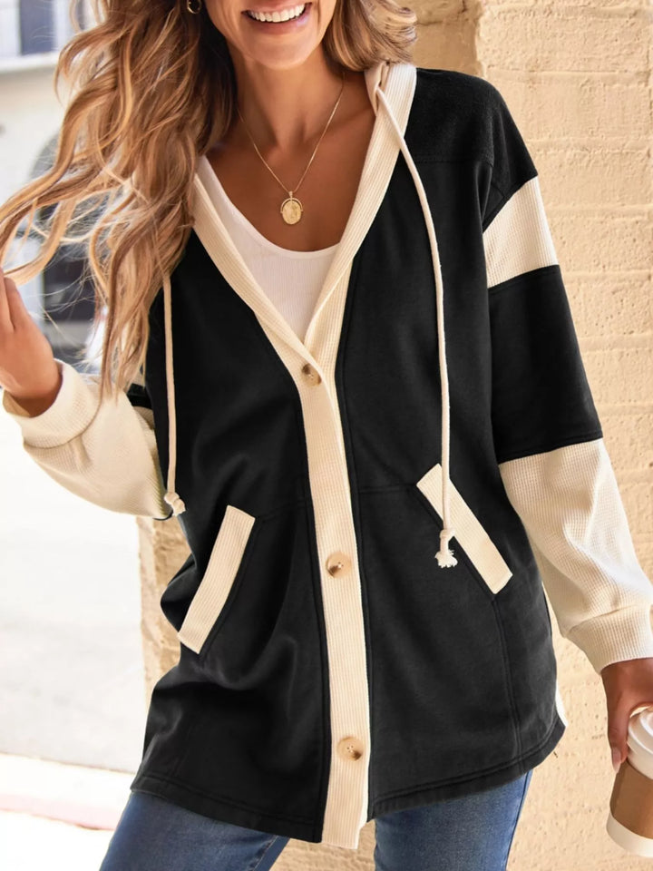 Black Color block button-down hoodie with waffle-knit trim