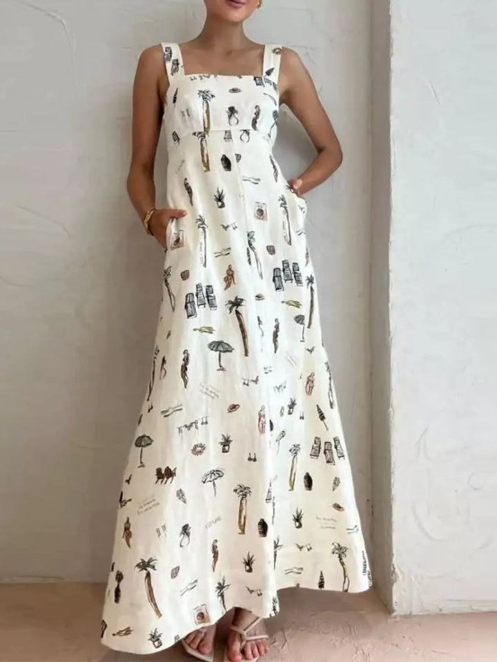 White Illustrated beach print sleeveless maxi dress with pockets