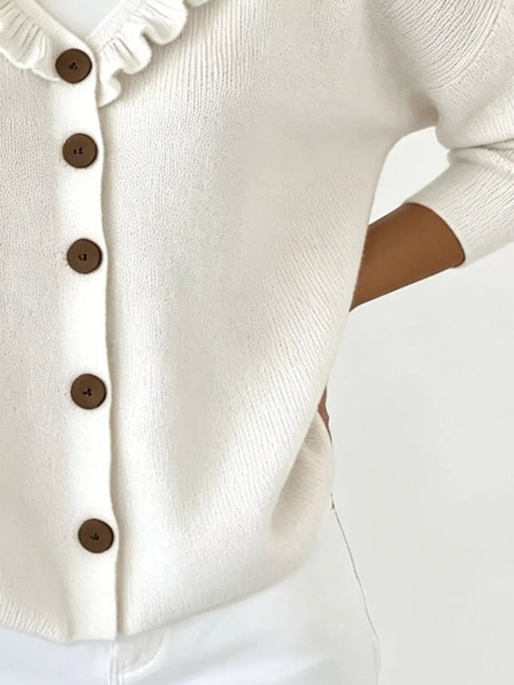 Ruffle-trim V-neck button-front knit cardigan