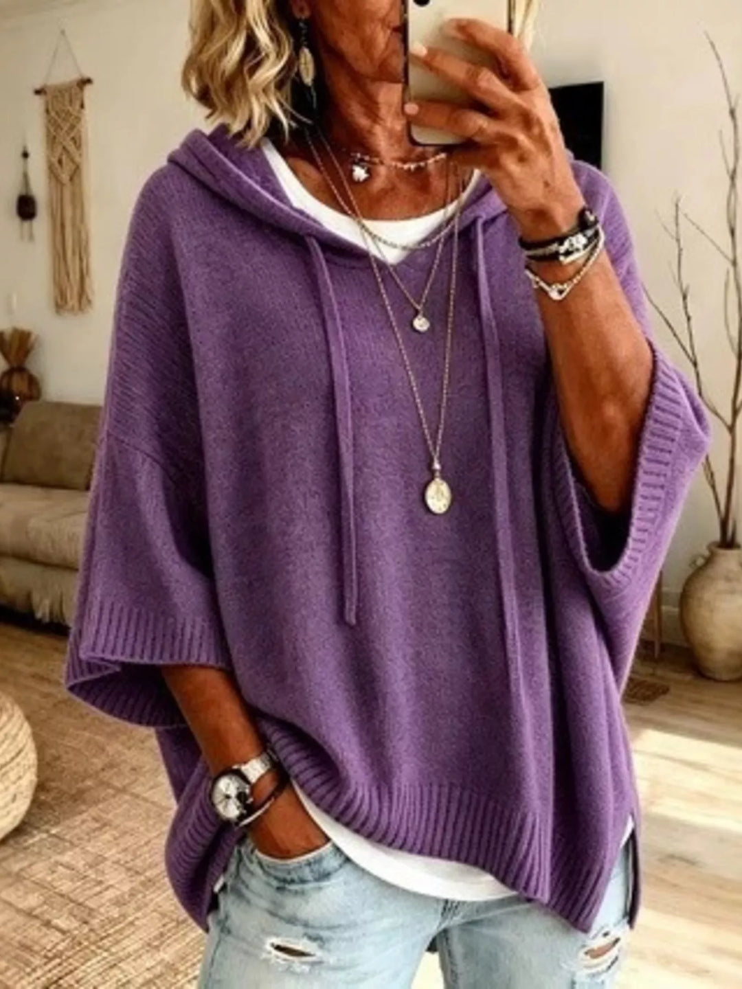 Purple Oversized hooded sweater with drawstring and ribbed trim