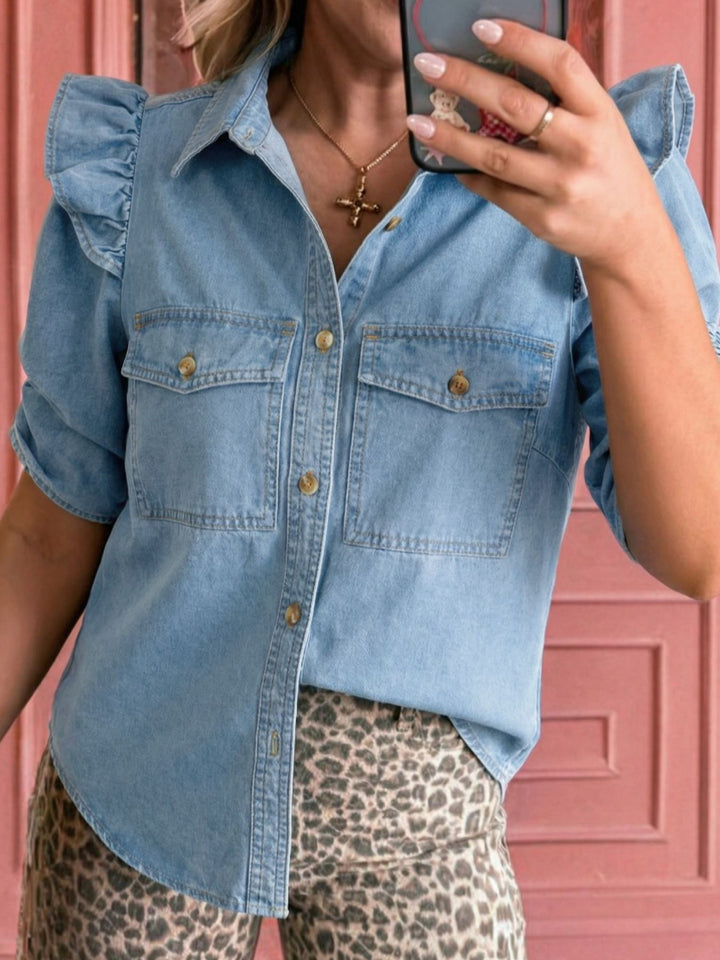 Light Blue Ruffled cap-sleeve denim button-down shirt with flap pockets