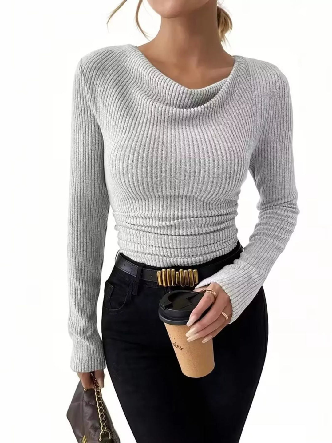 Ruched cowl neck ribbed knit long sleeve top