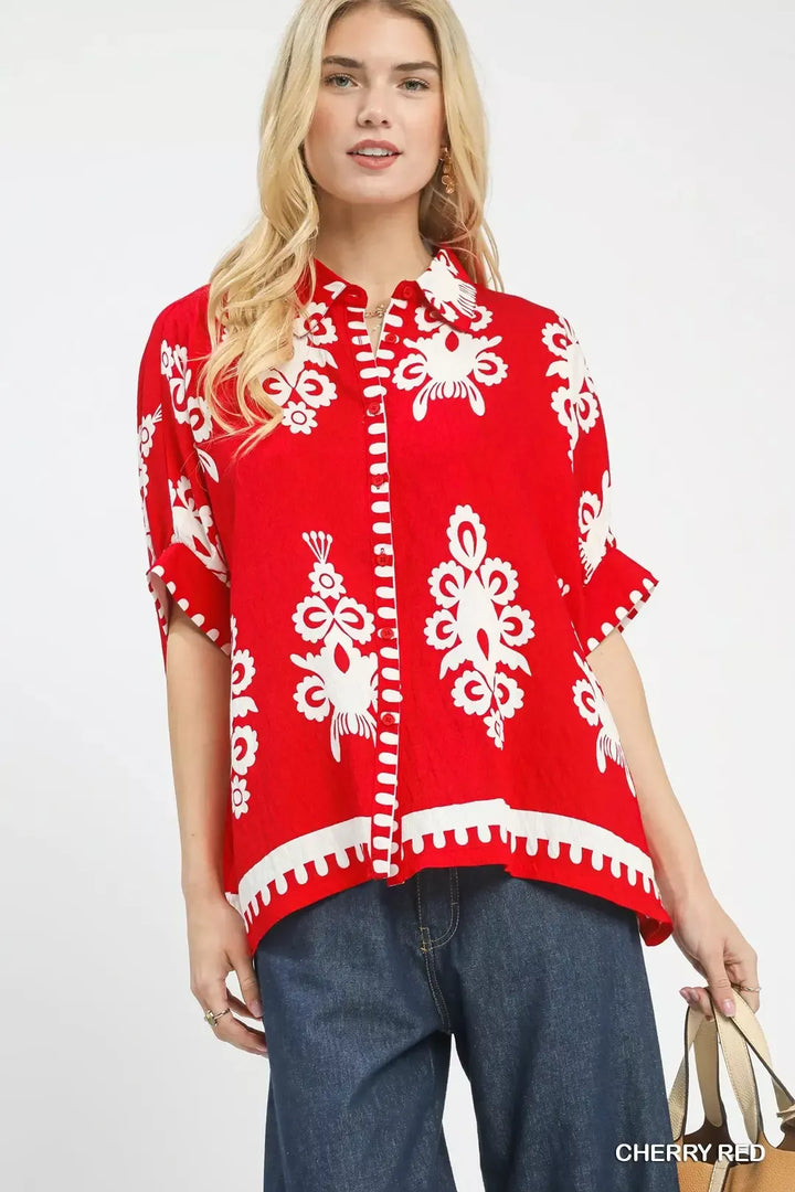 CHERRY RED Abstract folk art print oversized button-down shirt