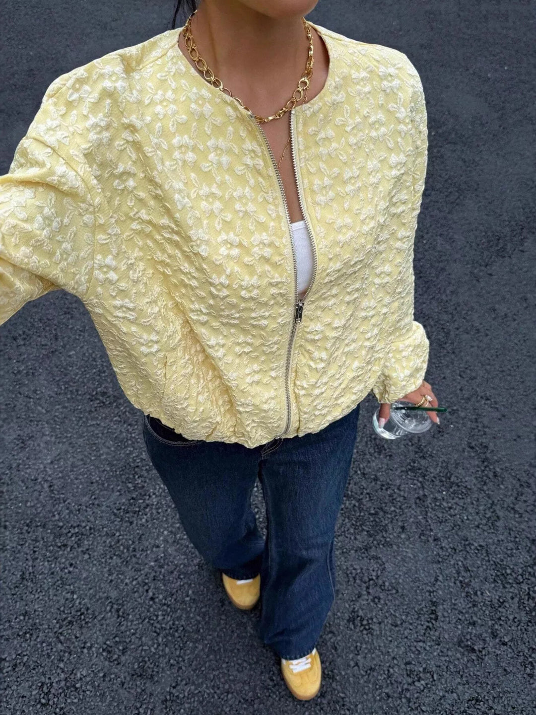 Yellow Floral textured zip-up collarless cropped jacket