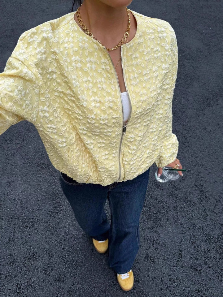 Yellow Floral textured zip-up collarless cropped jacket