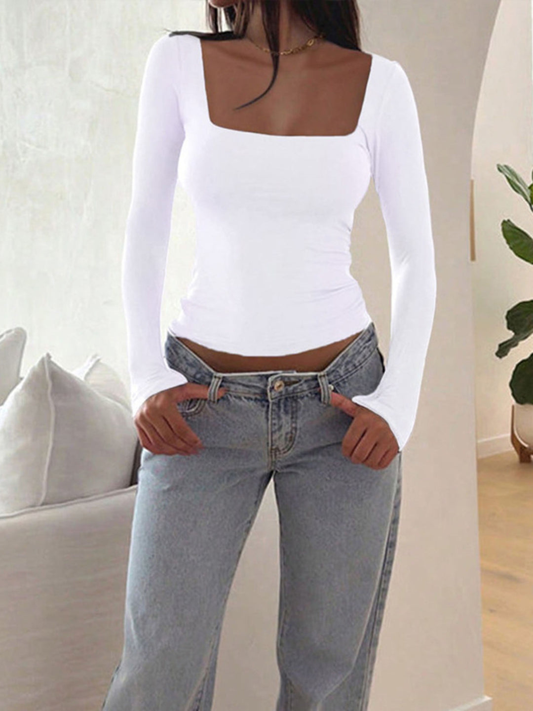 Square neck slim-fit long sleeve top with ruched sides
