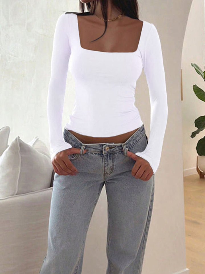 Square neck slim-fit long sleeve top with ruched sides
