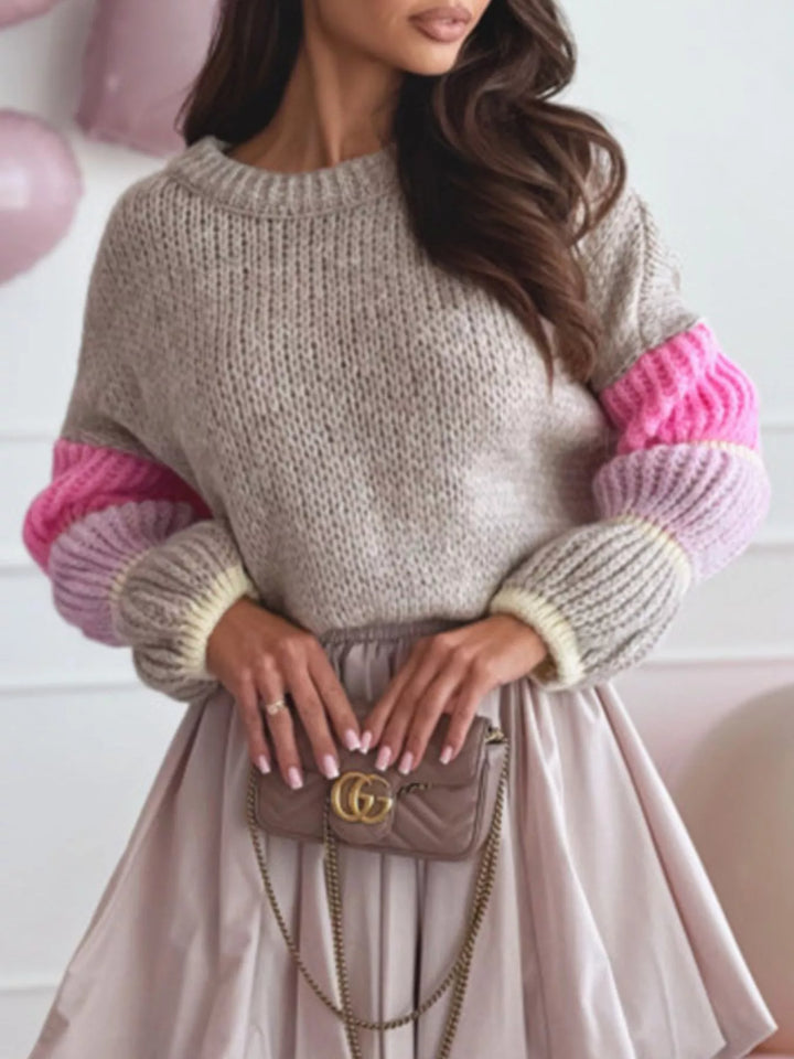 Color-block open-knit crew neck pullover sweater