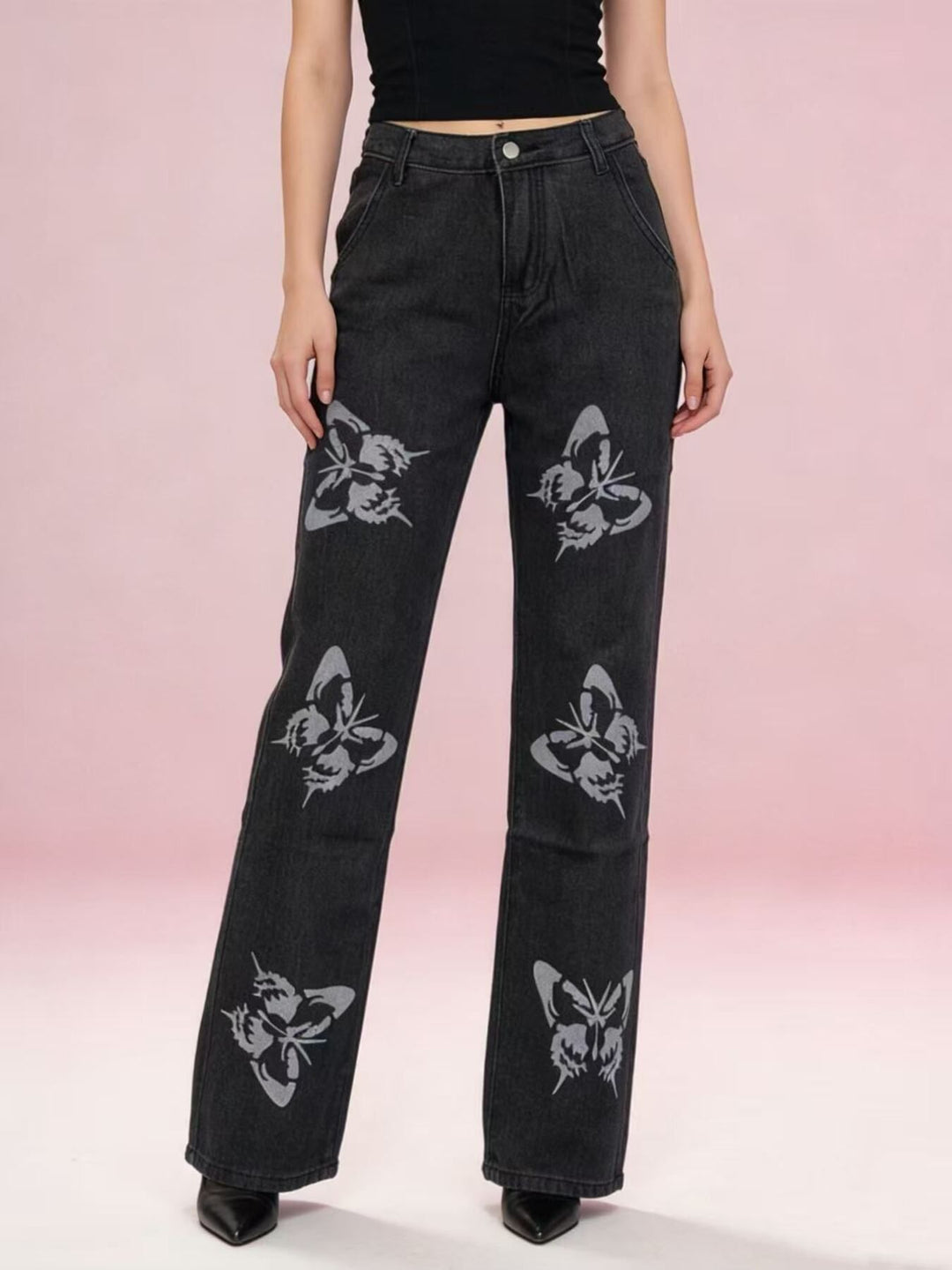 Butterfly print high-rise wide leg jeans