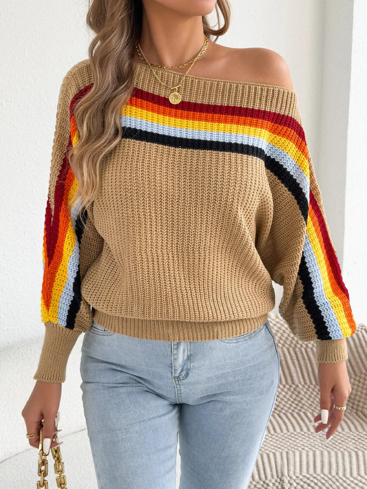 Rainbow stripe ribbed knit boat neck sweater