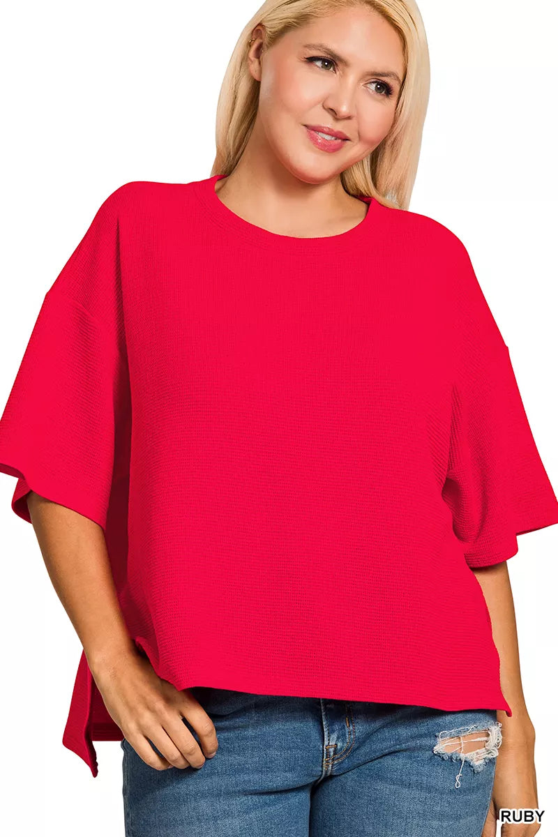 Textured waffle knit boxy tee with side slits and hi-low hem