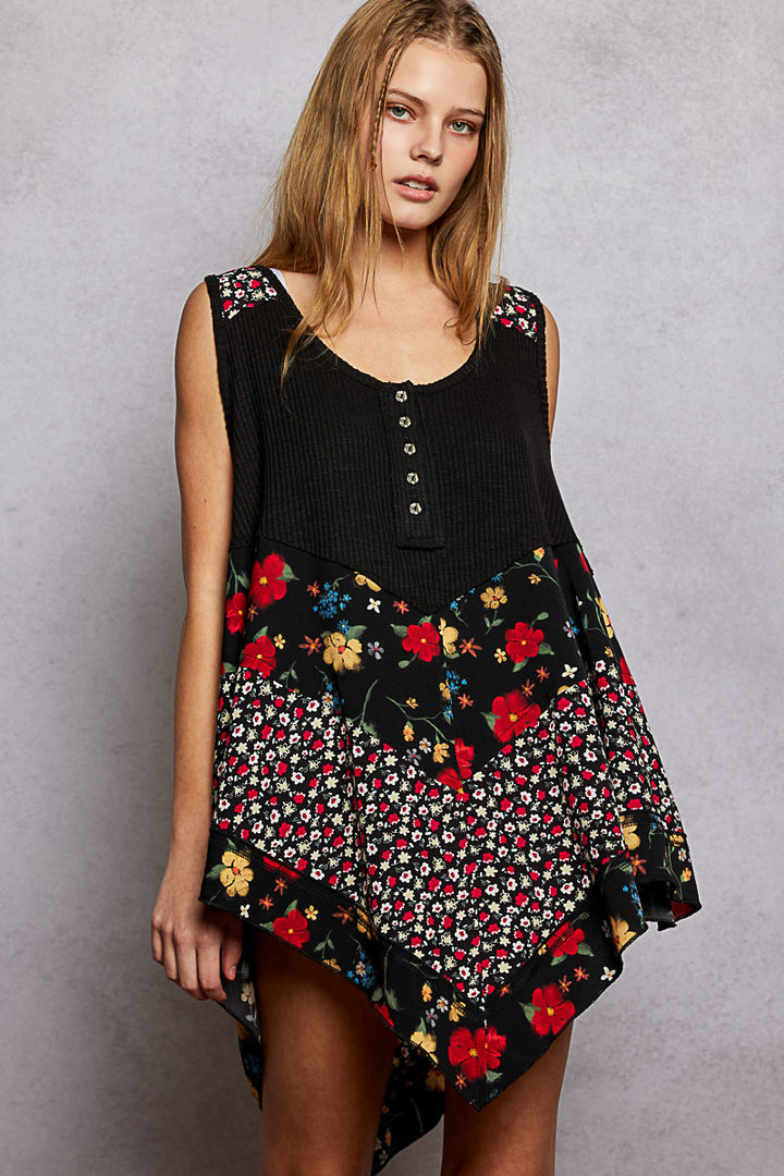 Ribbed swing tank with mixed floral print and button placket