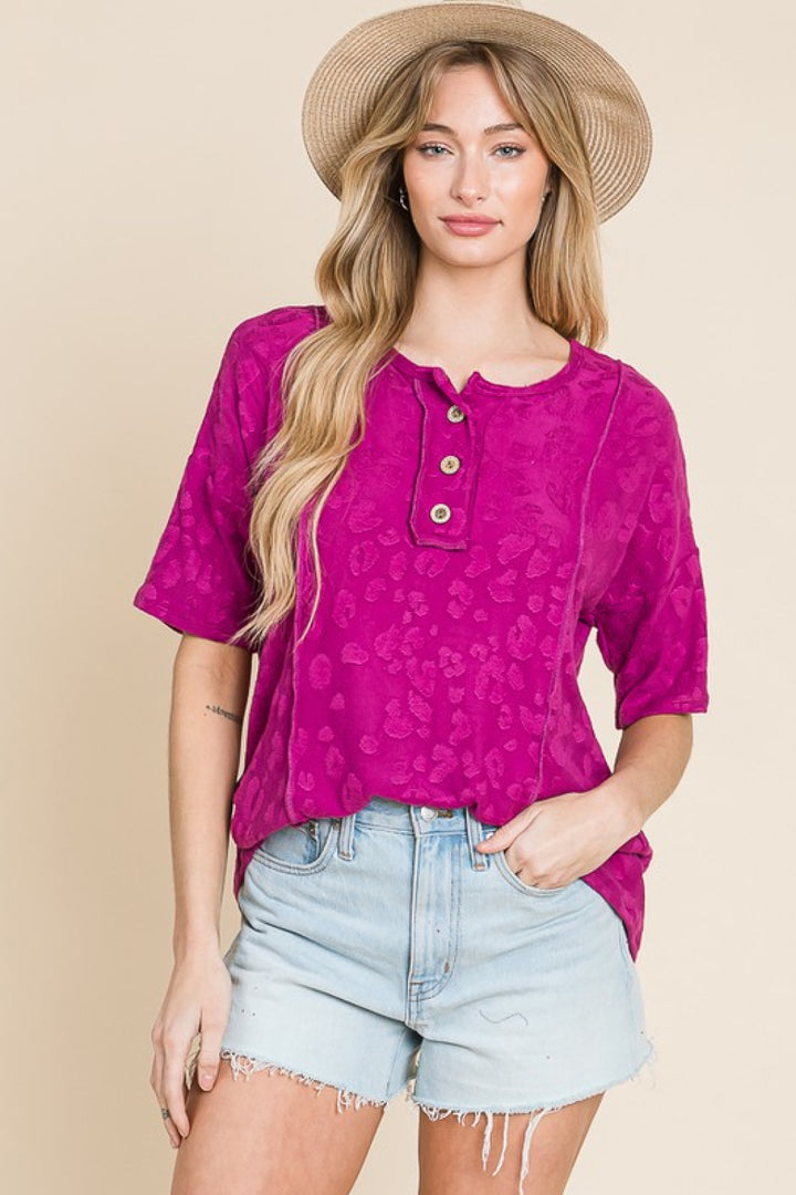 Deep Purple Textured leopard henley top with wooden buttons