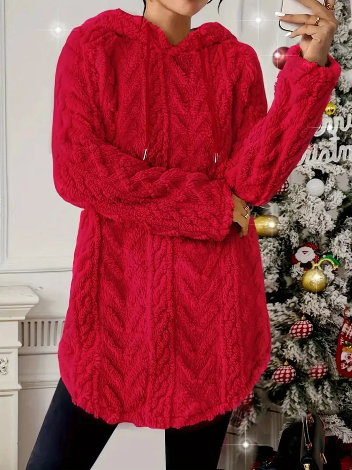 Textured cable-knit fleece pullover hoodie with drawstring