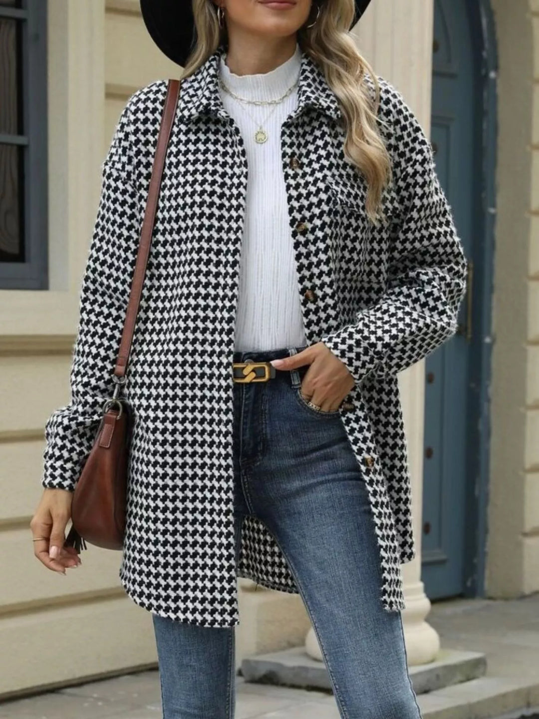 Houndstooth button-up shacket coat with chest pocket