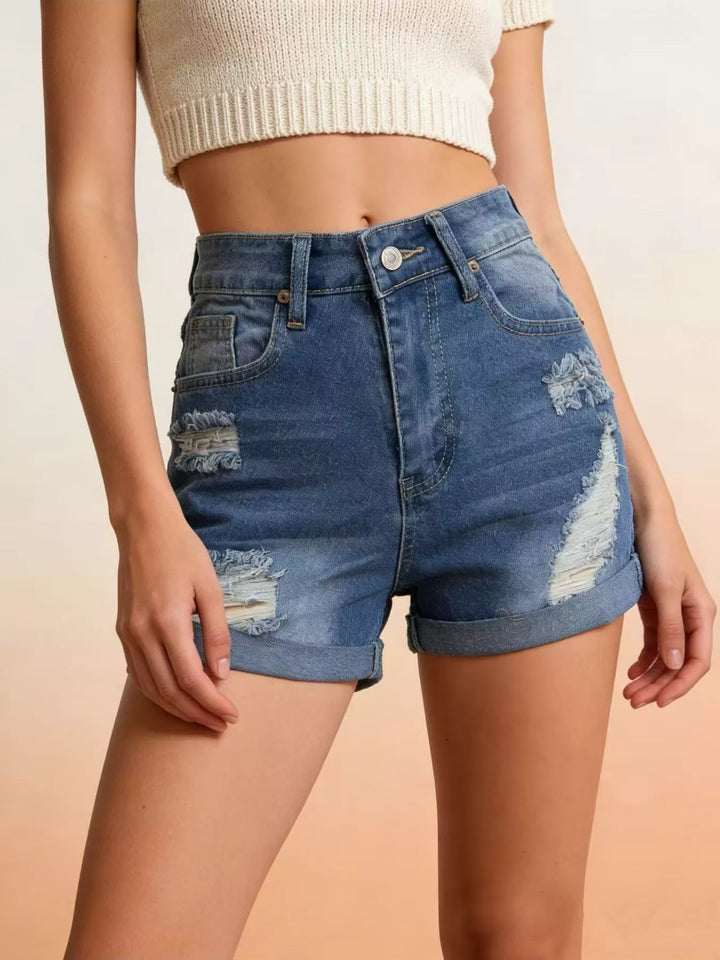 Blue Distressed high-rise denim shorts with cuffed hem