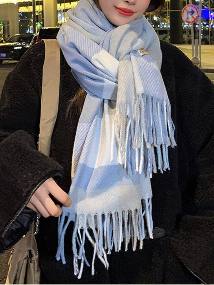 Blue Oversized plaid wool scarf with fringe trim