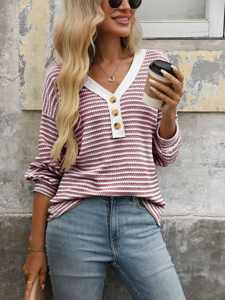 Rust Striped waffle knit henley top with button placket