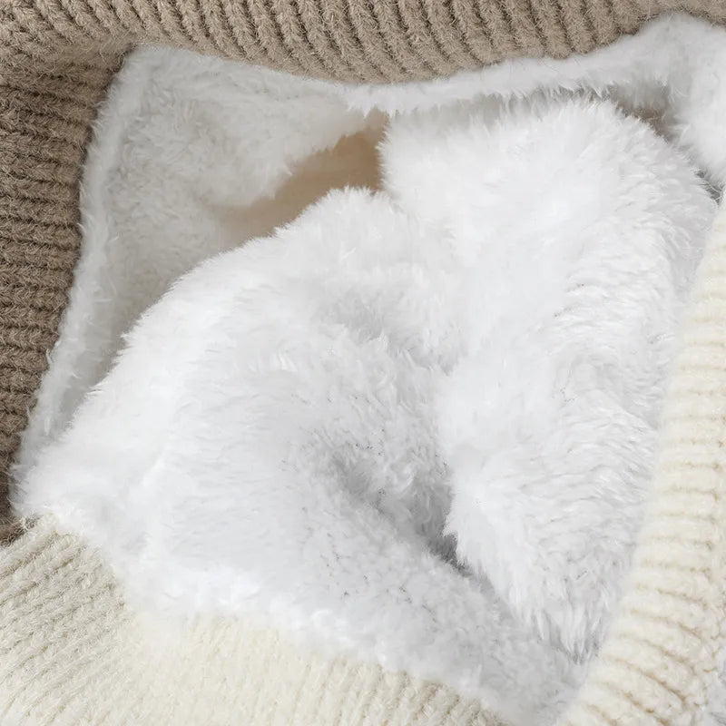 Color block ribbed knit beanie with faux fur pom-pom