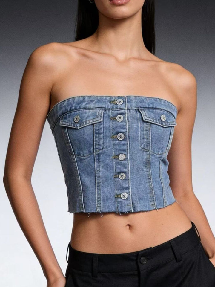 Raw-hem button-front strapless denim crop top
