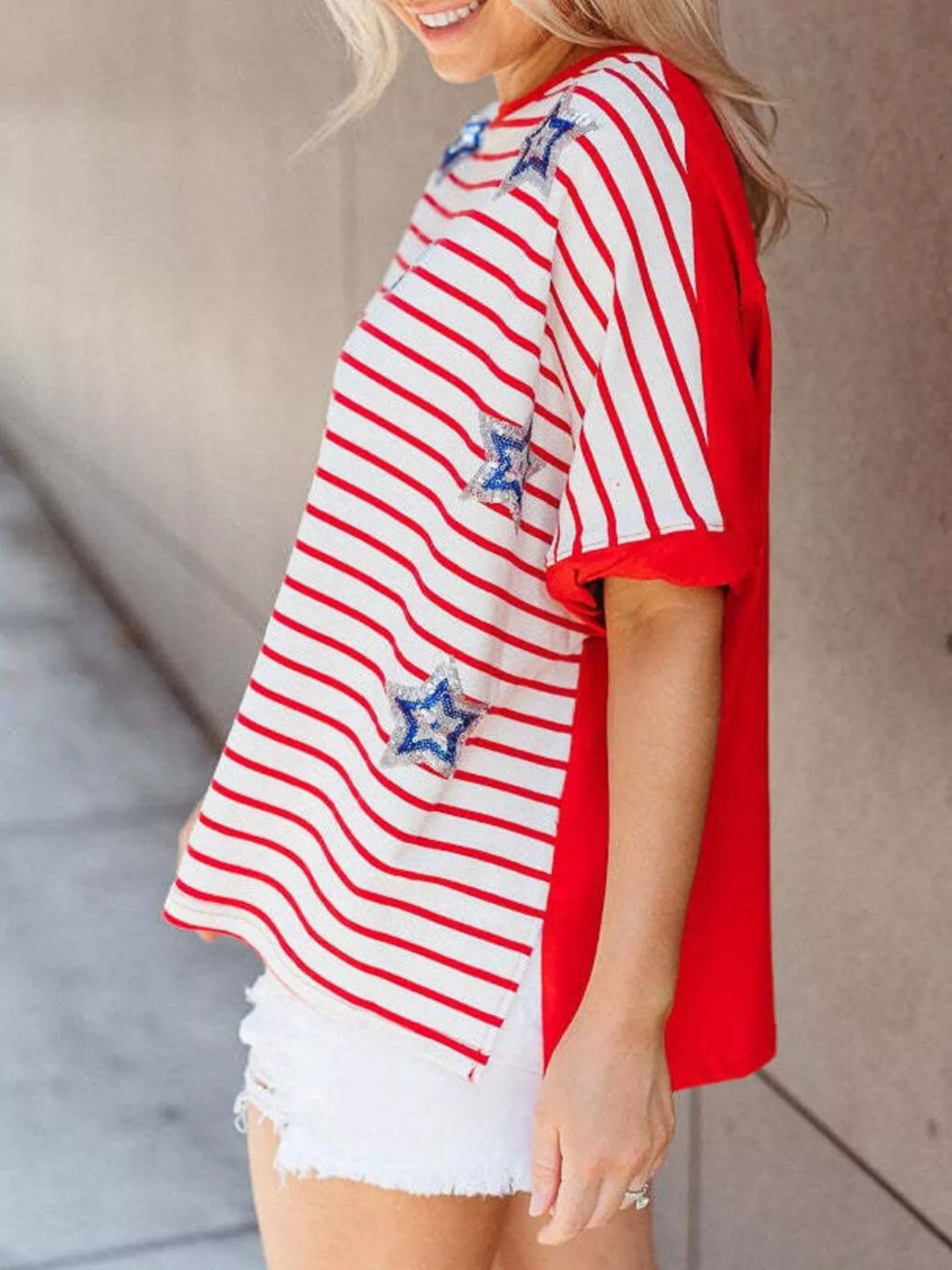 Patriotic stripe sequin star short-sleeve t-shirt