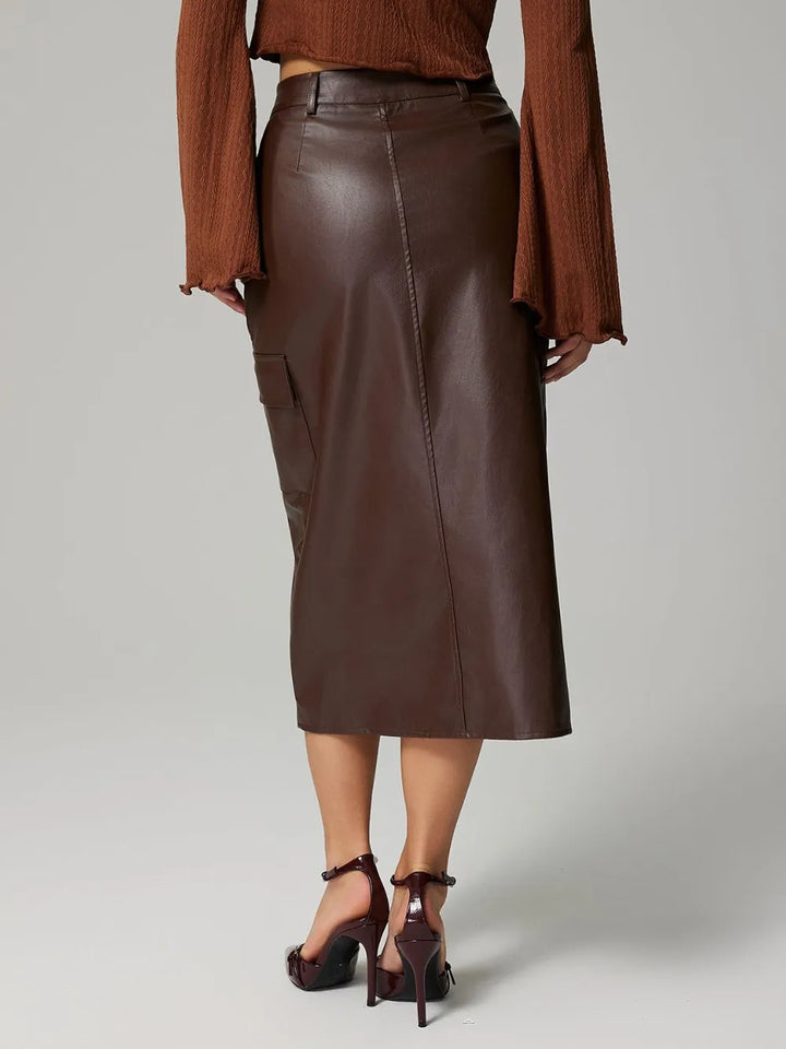 High-rise faux leather midi skirt with cargo pockets and slit