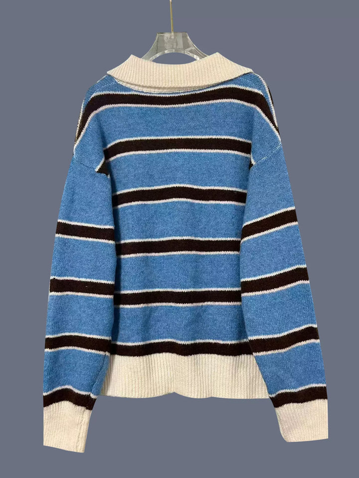 Striped henley sweater with ribbed button placket