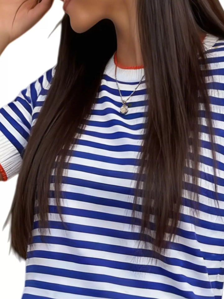 Striped short sleeve knit top with contrast ribbed trim