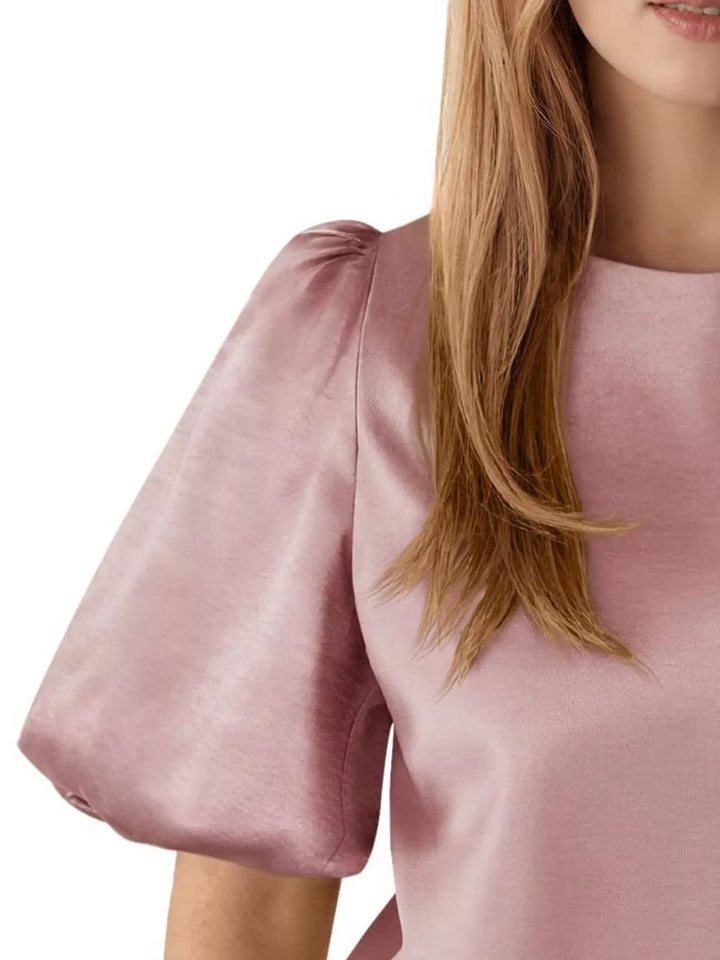 Short puff sleeve satin top with round neck