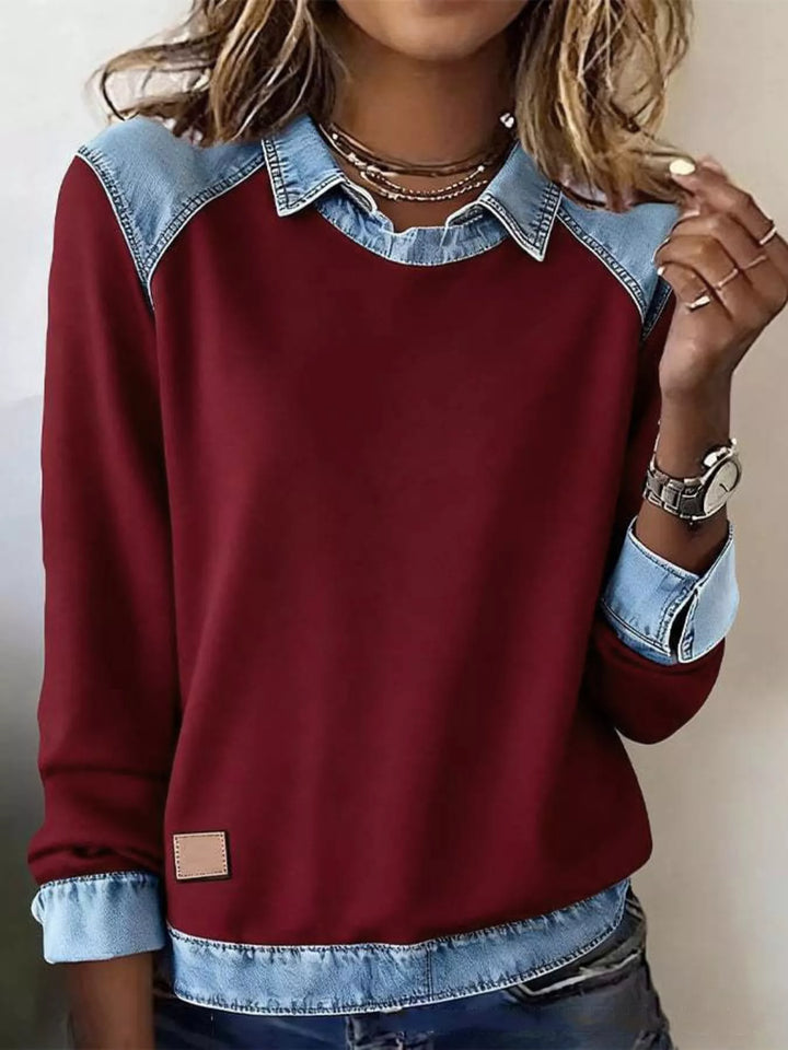 Red Denim-trim long sleeve crew neck pullover top