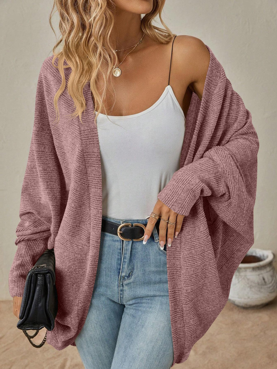 Ribbed open-front batwing sleeve cardigan