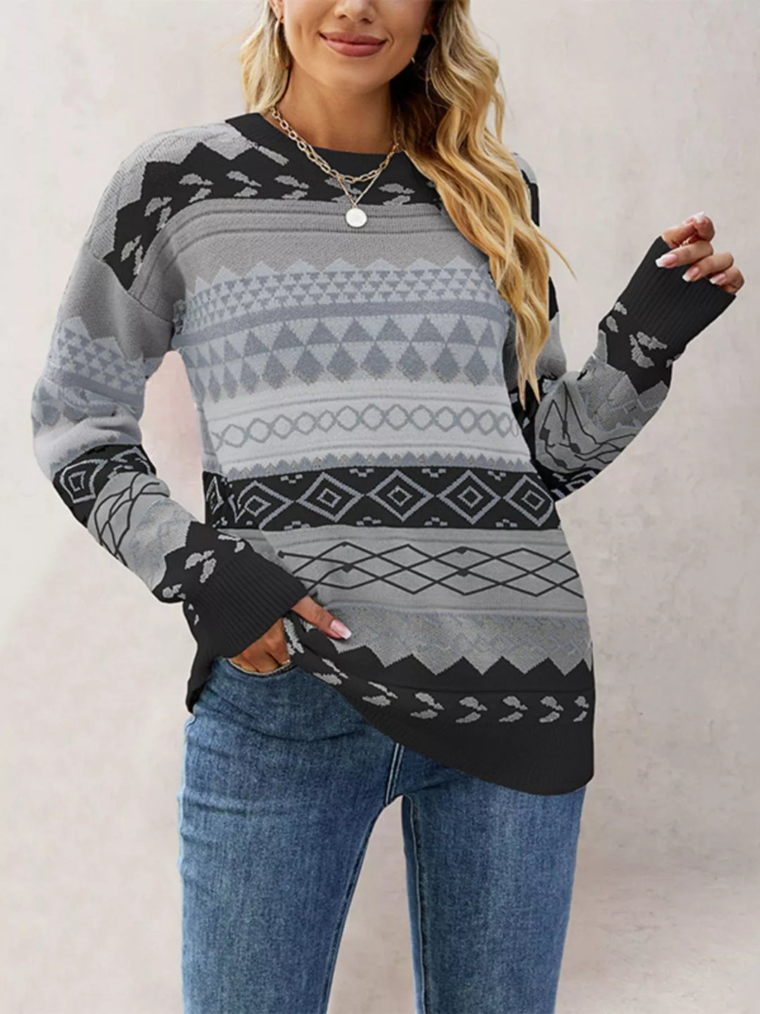 Black Geometric drop shoulder knit sweater with ribbed cuffs