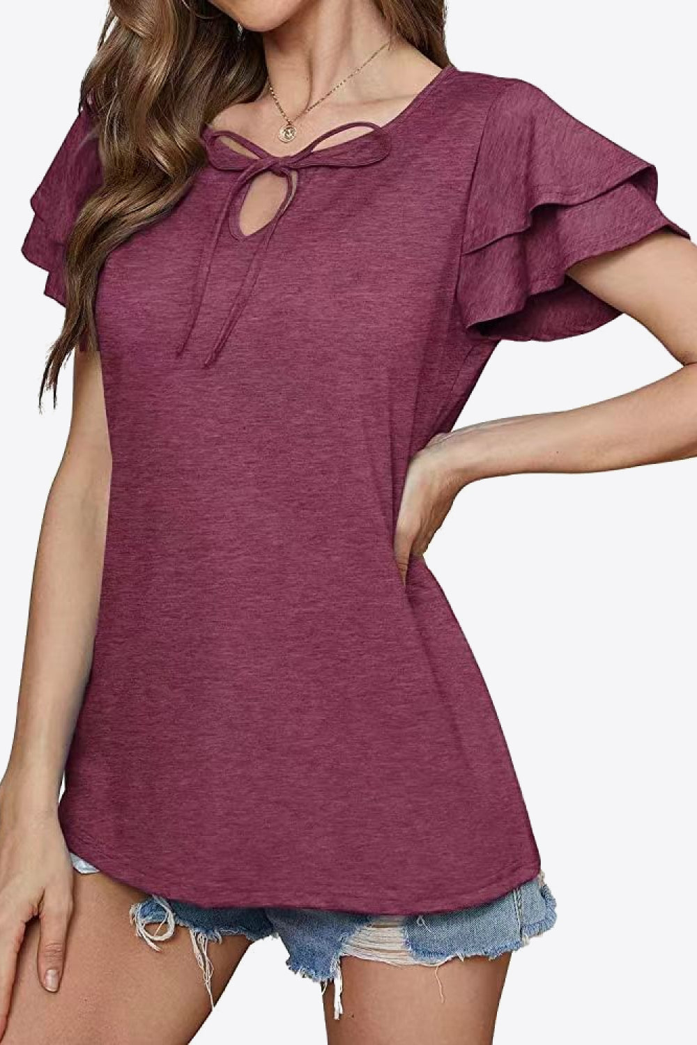 Tiered flutter sleeve blouse with split tie neck